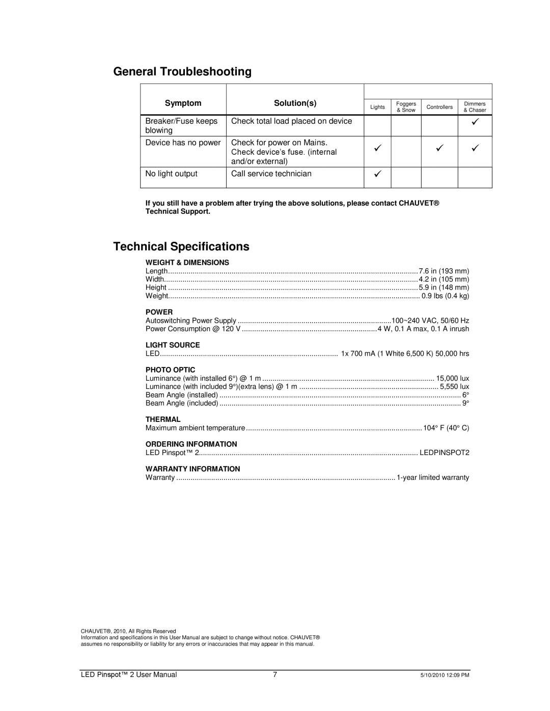 Chauvet Landscape Lighting user manual General Troubleshooting, Technical Specifications, Symptom Solutions 