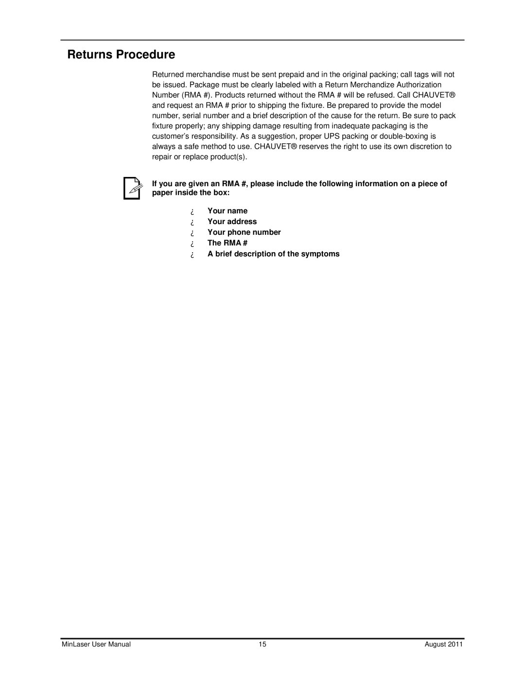 Chauvet Laser Level user manual Returns Procedure 