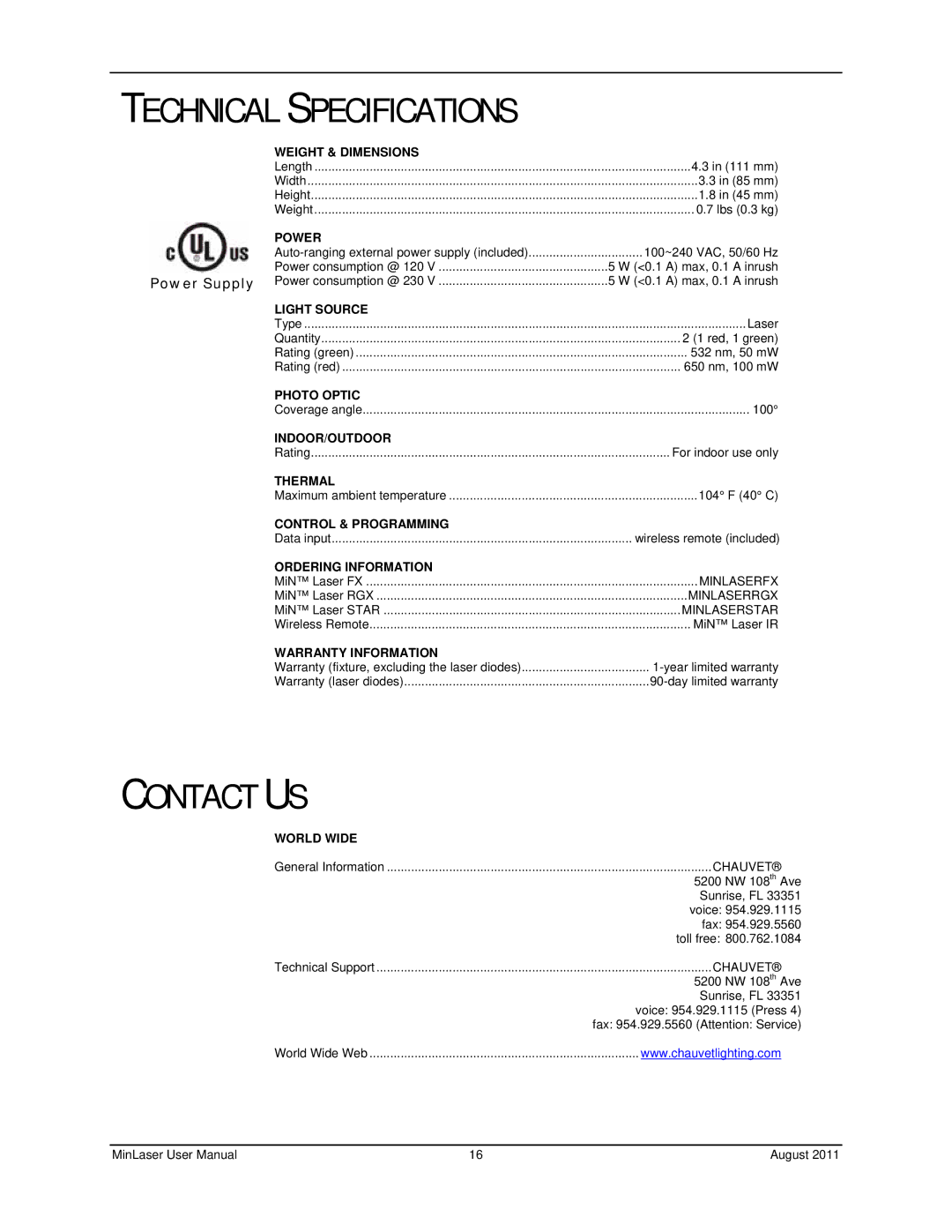 Chauvet Laser Level user manual Technical Specifications, Contact US 