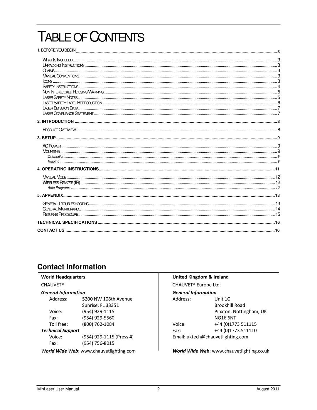 Chauvet Laser Level user manual Table of Contents 