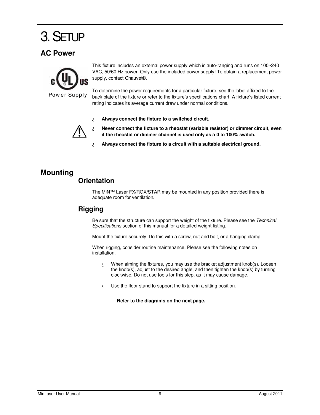 Chauvet Laser Level user manual Setup, AC Power, Mounting 