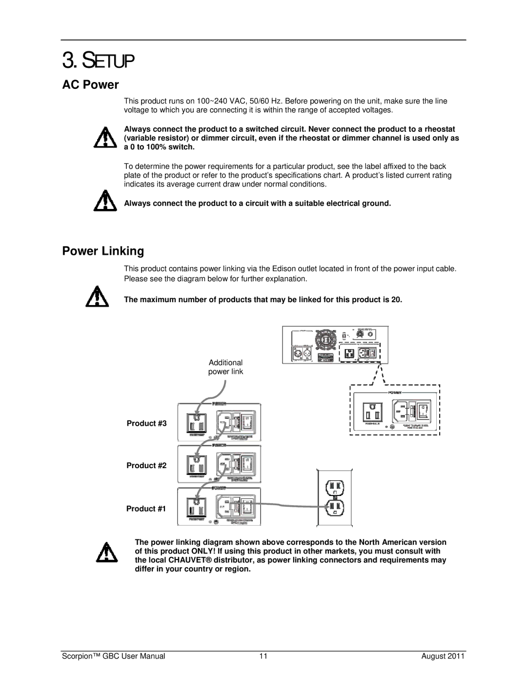 Chauvet Laser Pointer user manual Setup, AC Power, Power Linking 