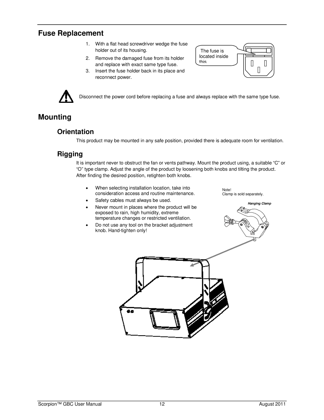 Chauvet Laser Pointer user manual Fuse Replacement, Mounting, Orientation, Rigging 