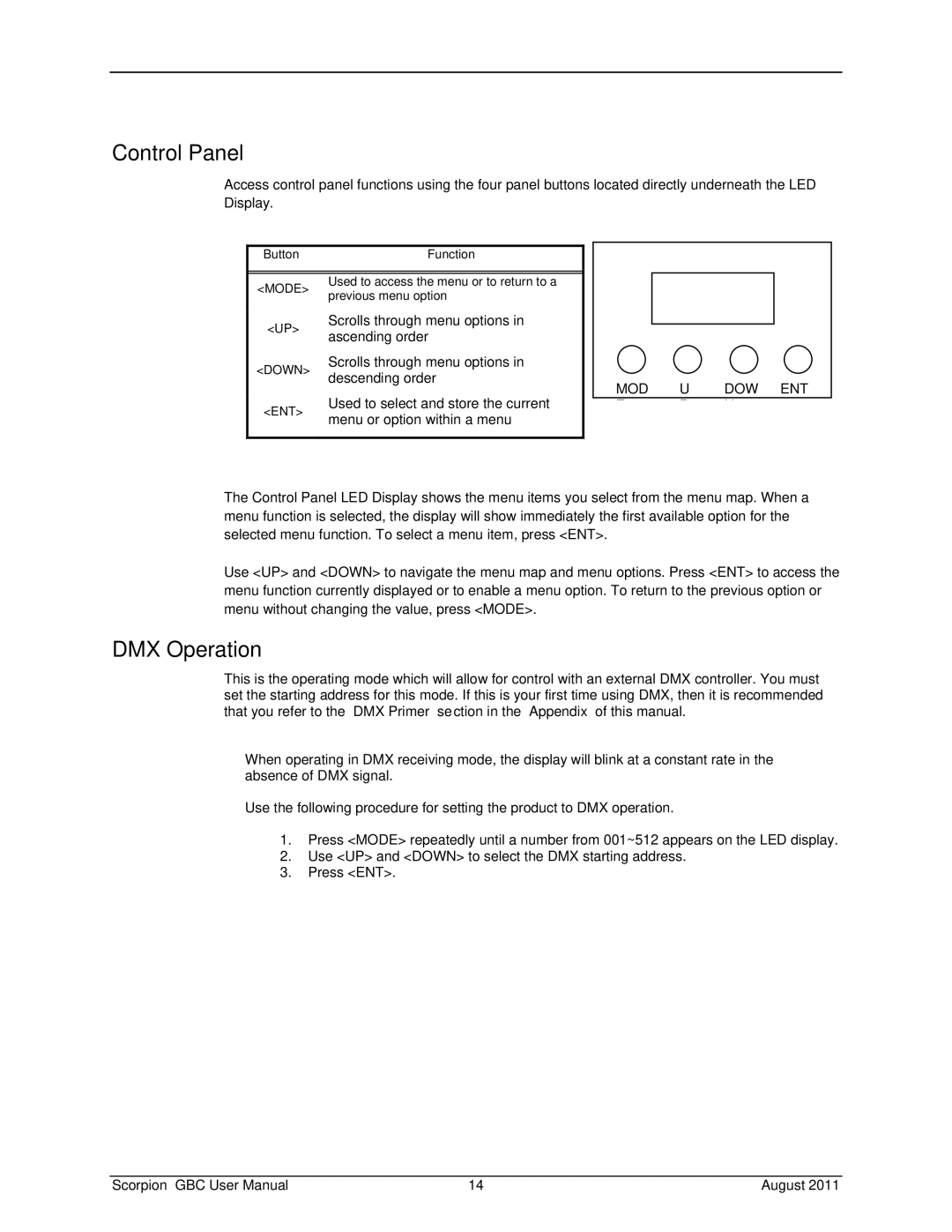 Chauvet Laser Pointer user manual Control Panel, DMX Operation 