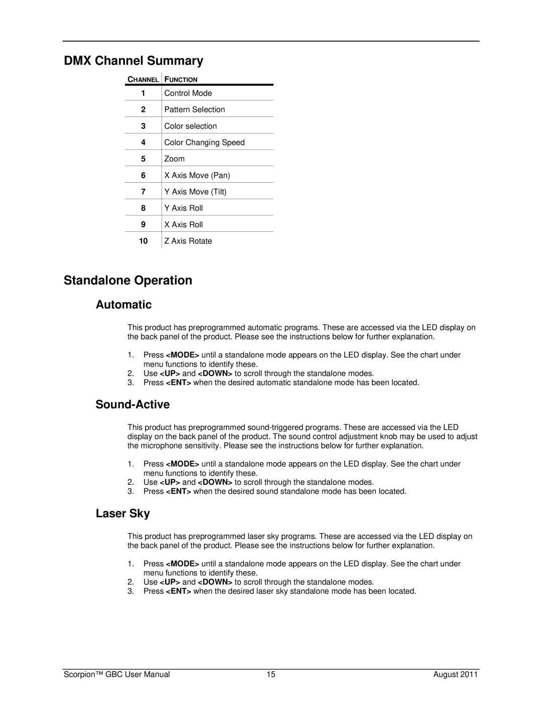 Chauvet Laser Pointer user manual DMX Channel Summary, Standalone Operation, Automatic, Sound-Active, Laser Sky 