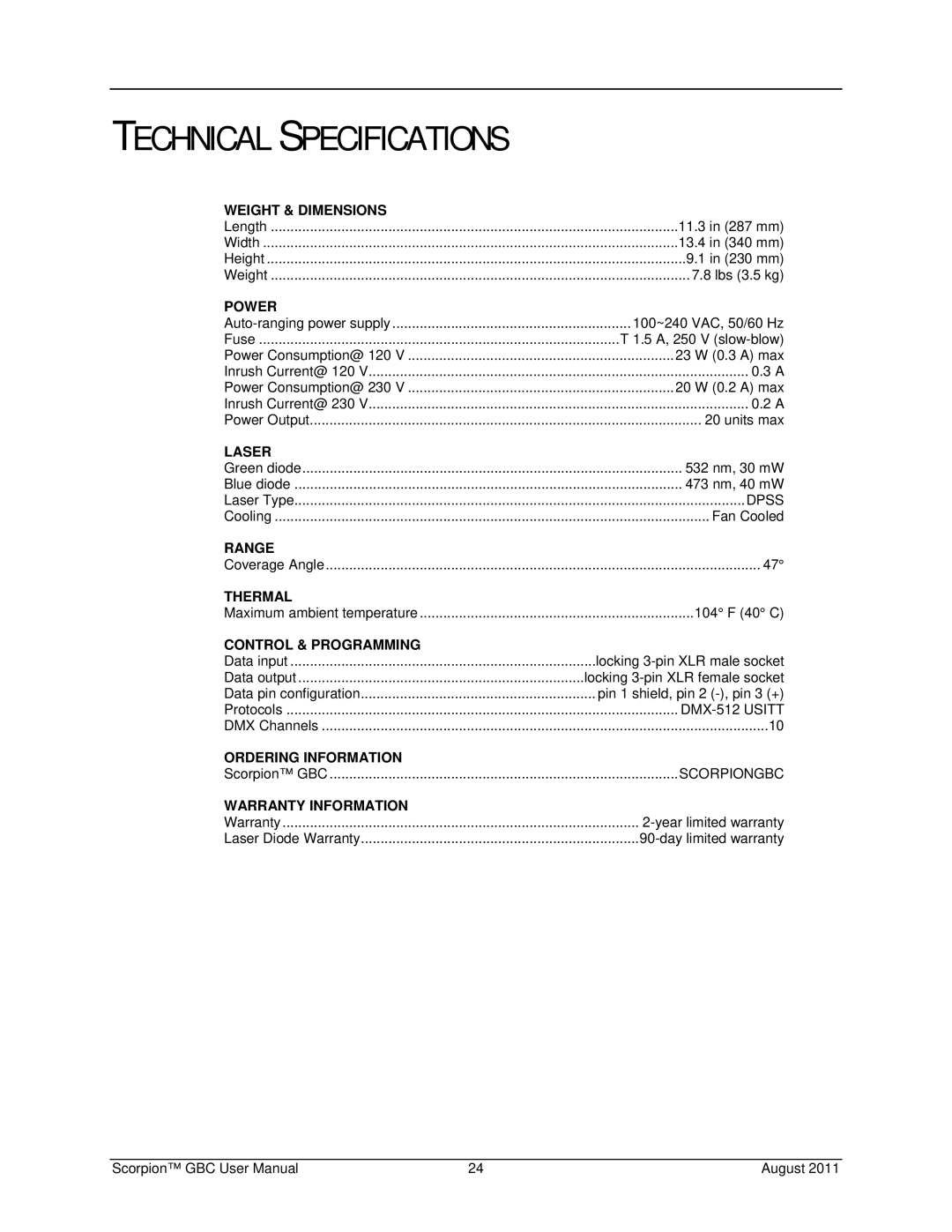 Chauvet Laser Pointer user manual Technical Specifications 