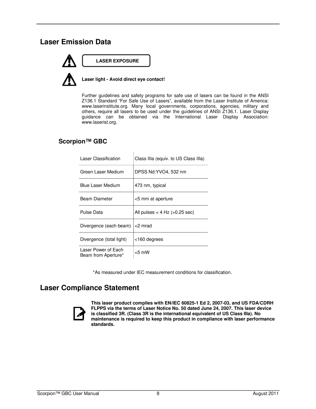 Chauvet Laser Pointer user manual Laser Emission Data, Laser Compliance Statement, Laser Exposure 