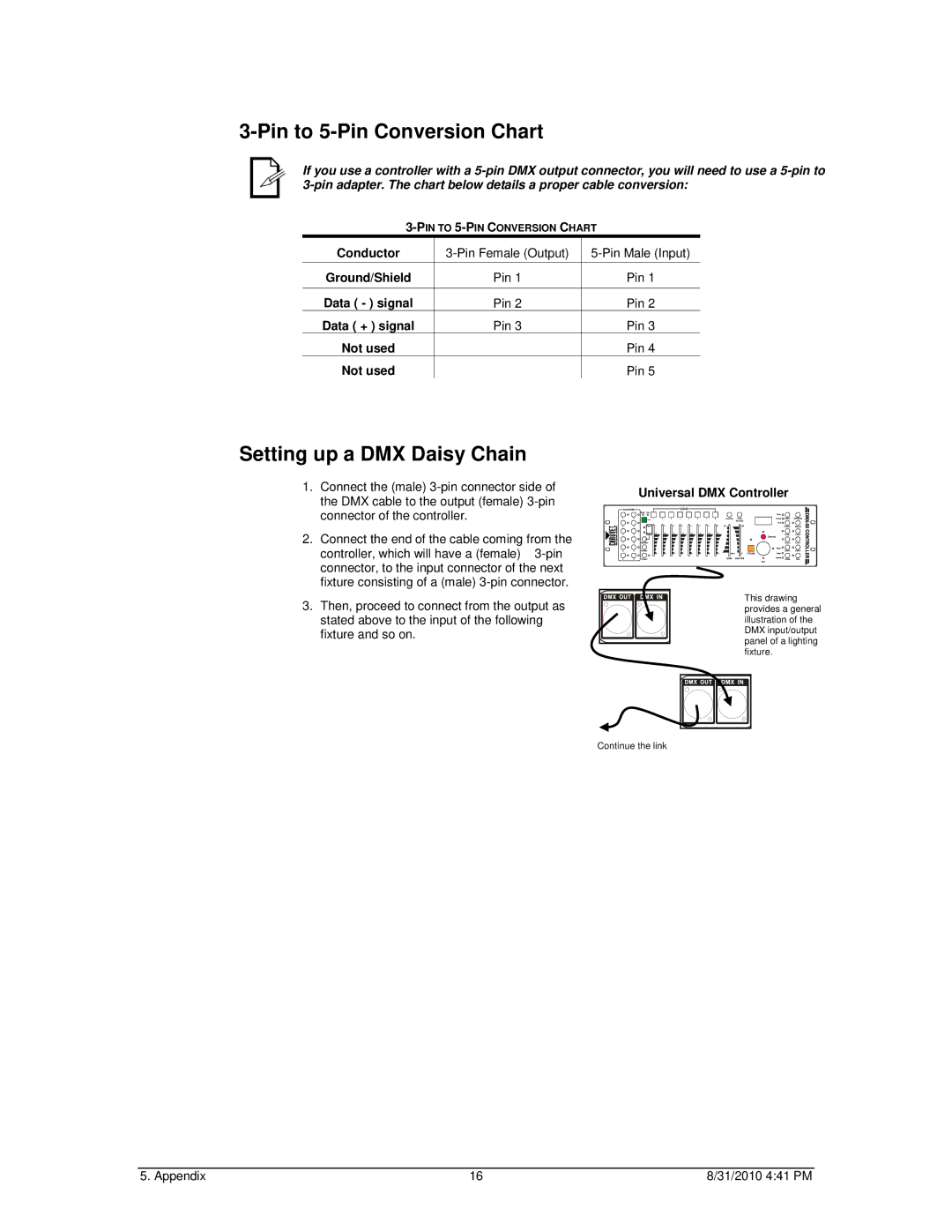 Chauvet LED 360 user manual Pin to 5-Pin Conversion Chart, Setting up a DMX Daisy Chain 