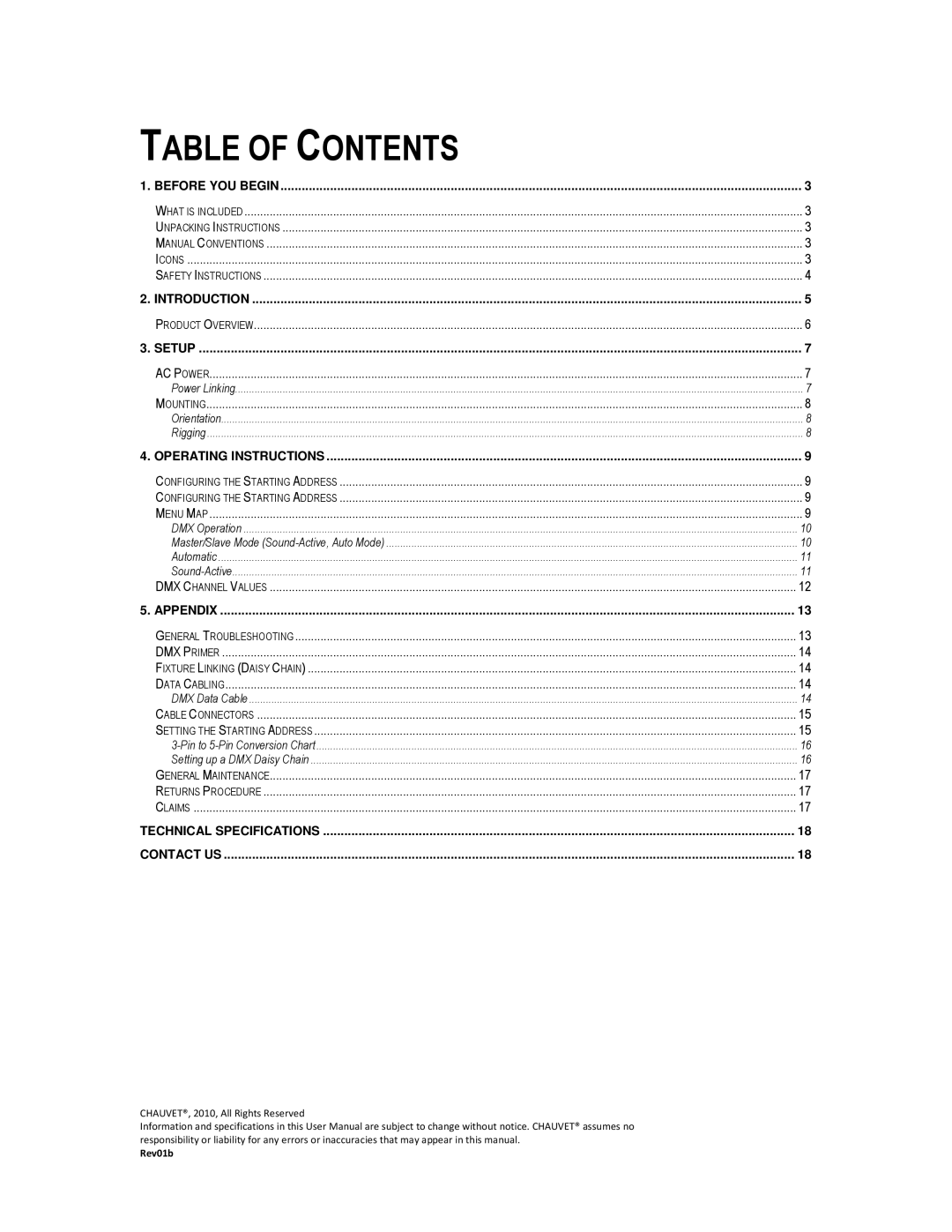 Chauvet LED 360 user manual Table of Contents 