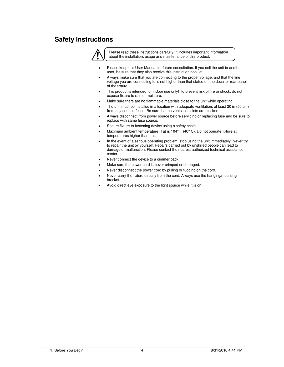 Chauvet LED 360 user manual Safety Instructions 