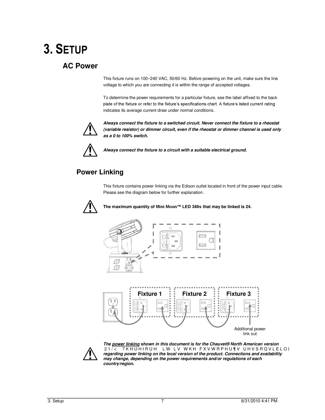 Chauvet LED 360 user manual Setup, AC Power, Power Linking 