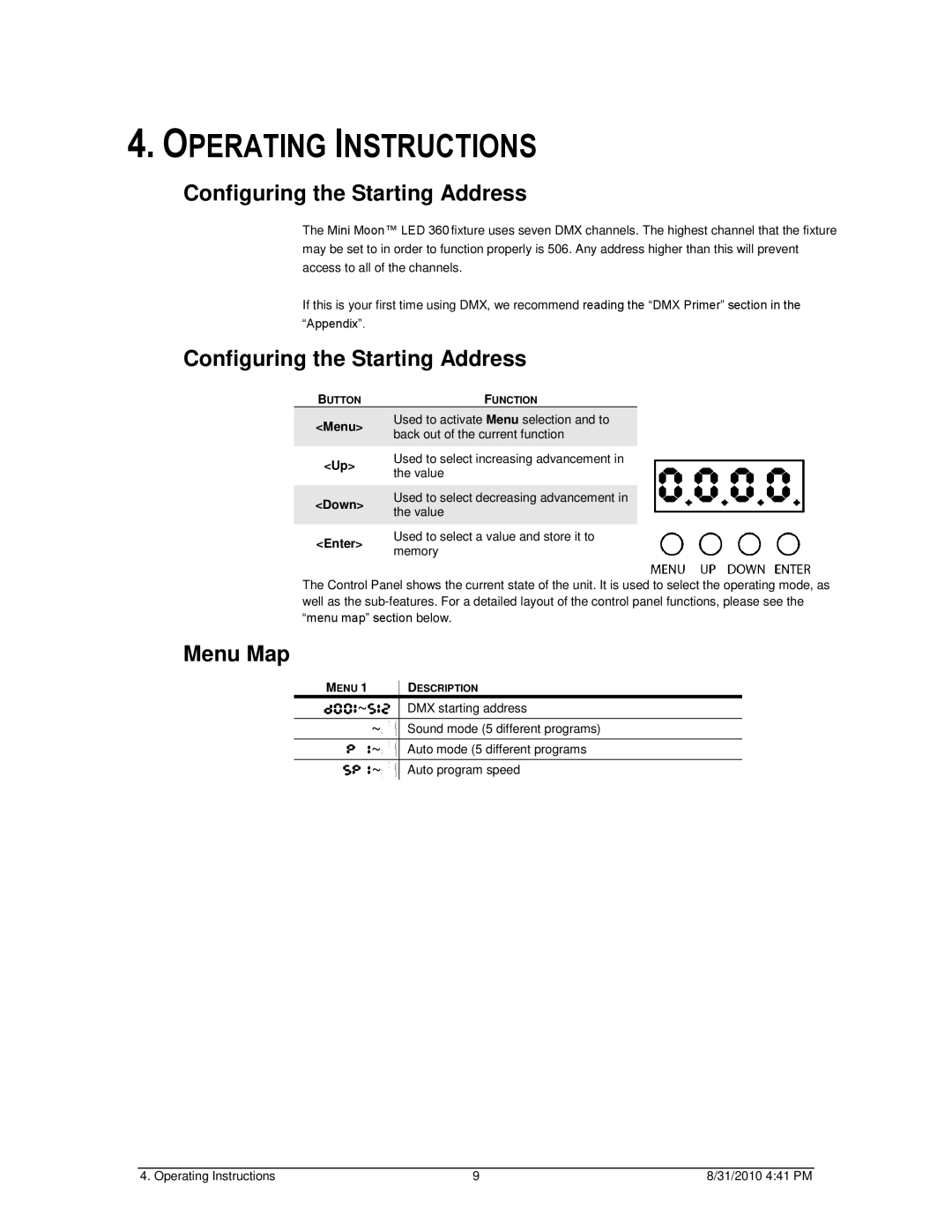 Chauvet LED 360 user manual Operating Instructions, Configuring the Starting Address, Menu Map 