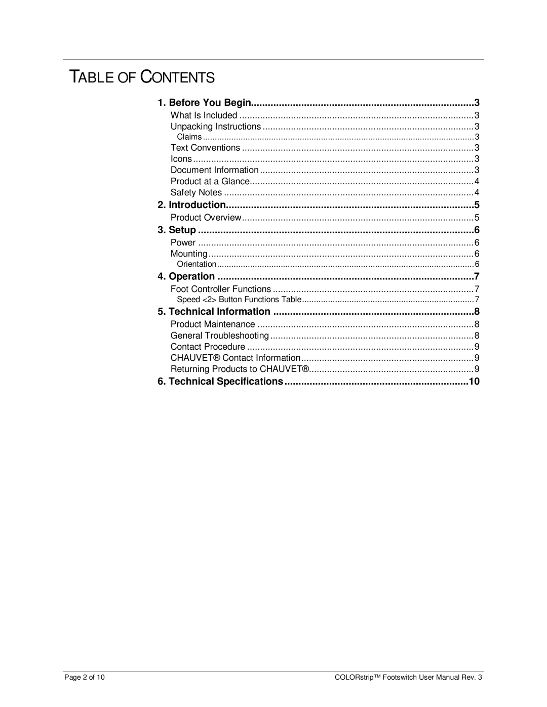 Chauvet LED-FS1 user manual Table of Contents 