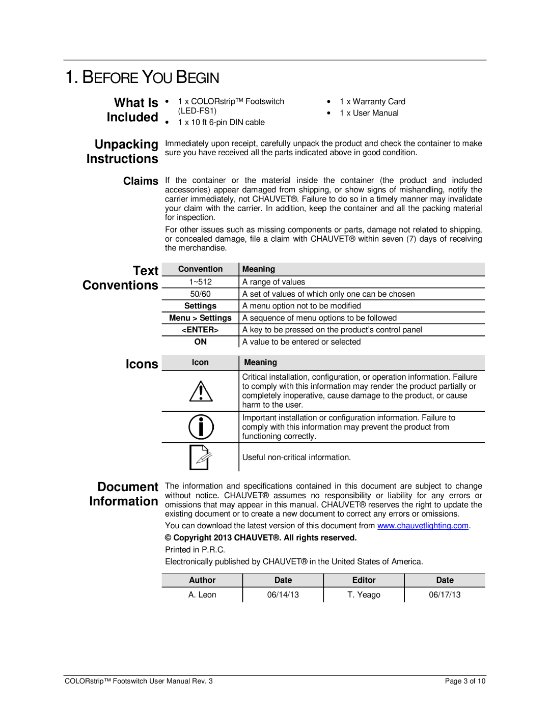 Chauvet LED-FS1 user manual Before YOU Begin, What Is Included, Unpacking Instructions, Text, Icons 