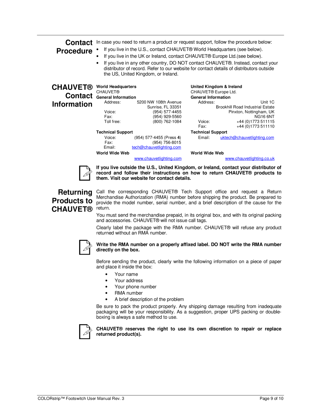 Chauvet LED-FS1 user manual Contact Procedure, Contact Information 