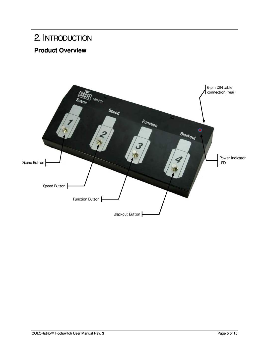Chauvet LED-FS1 Introduction, Product Overview, pin DIN cable connection rear, Scene Button, Power Indicator LED 