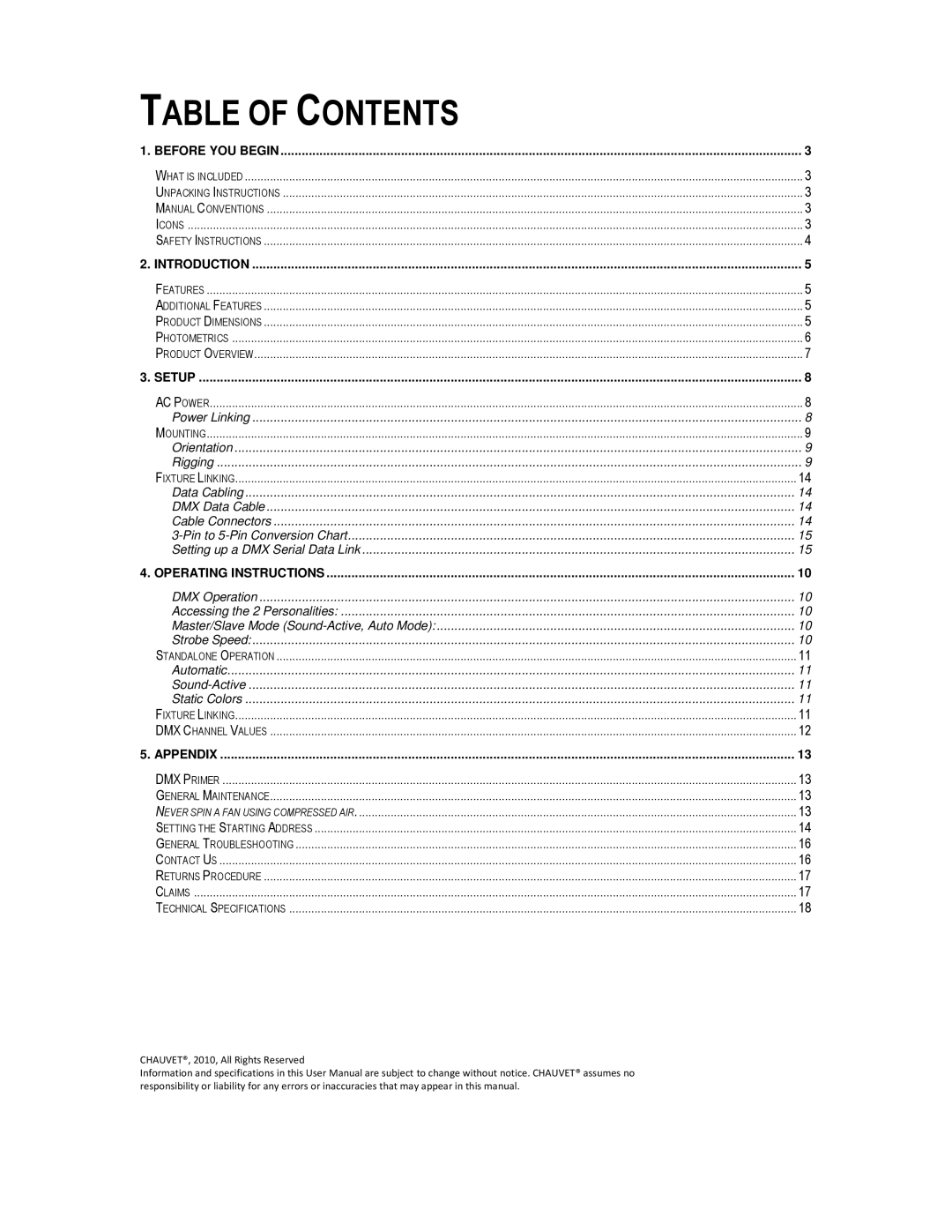 Chauvet LED PAR 38-18B, LED PAR 38-18C user manual Table of Contents 