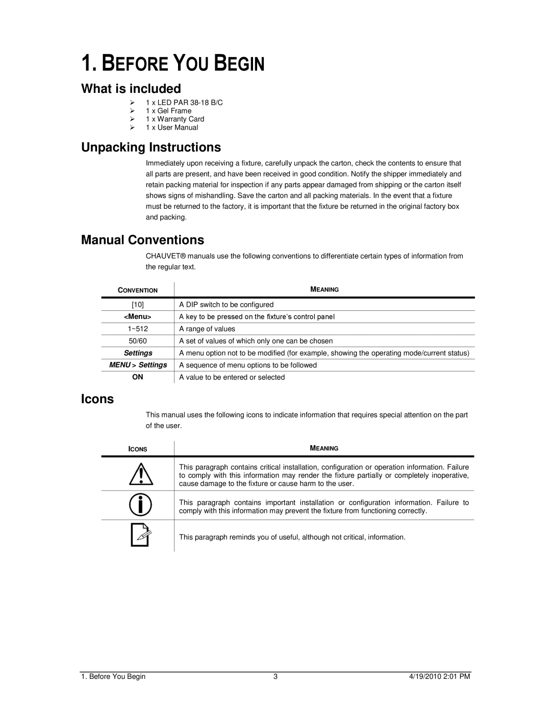 Chauvet LED PAR 38-18C user manual Before YOU Begin, What is included, Unpacking Instructions, Manual Conventions, Icons 