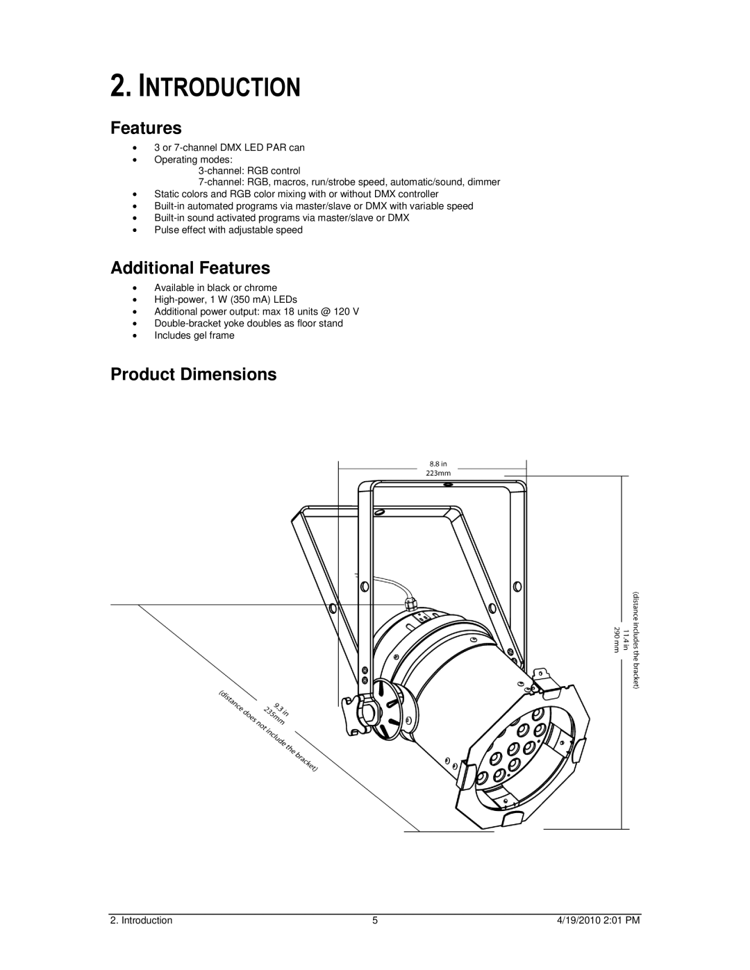 Chauvet LED PAR 38-18C, LED PAR 38-18B user manual Introduction, Additional Features, Product Dimensions 