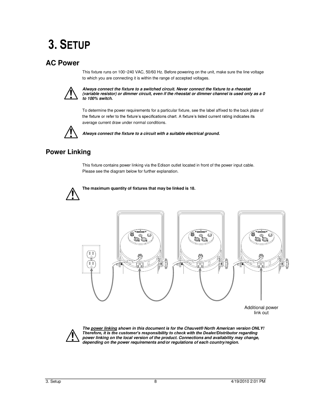 Chauvet LED PAR 38-18B, LED PAR 38-18C user manual Setup, AC Power, Power Linking 