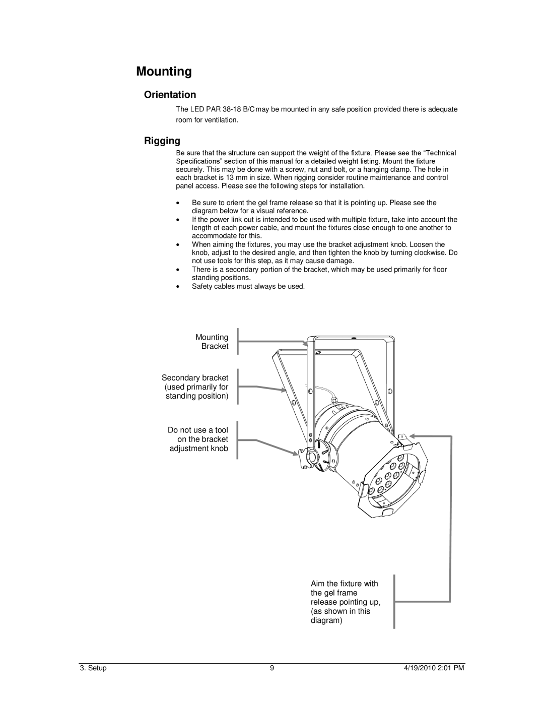 Chauvet LED PAR 38-18C, LED PAR 38-18B user manual Mounting, Orientation, Rigging 