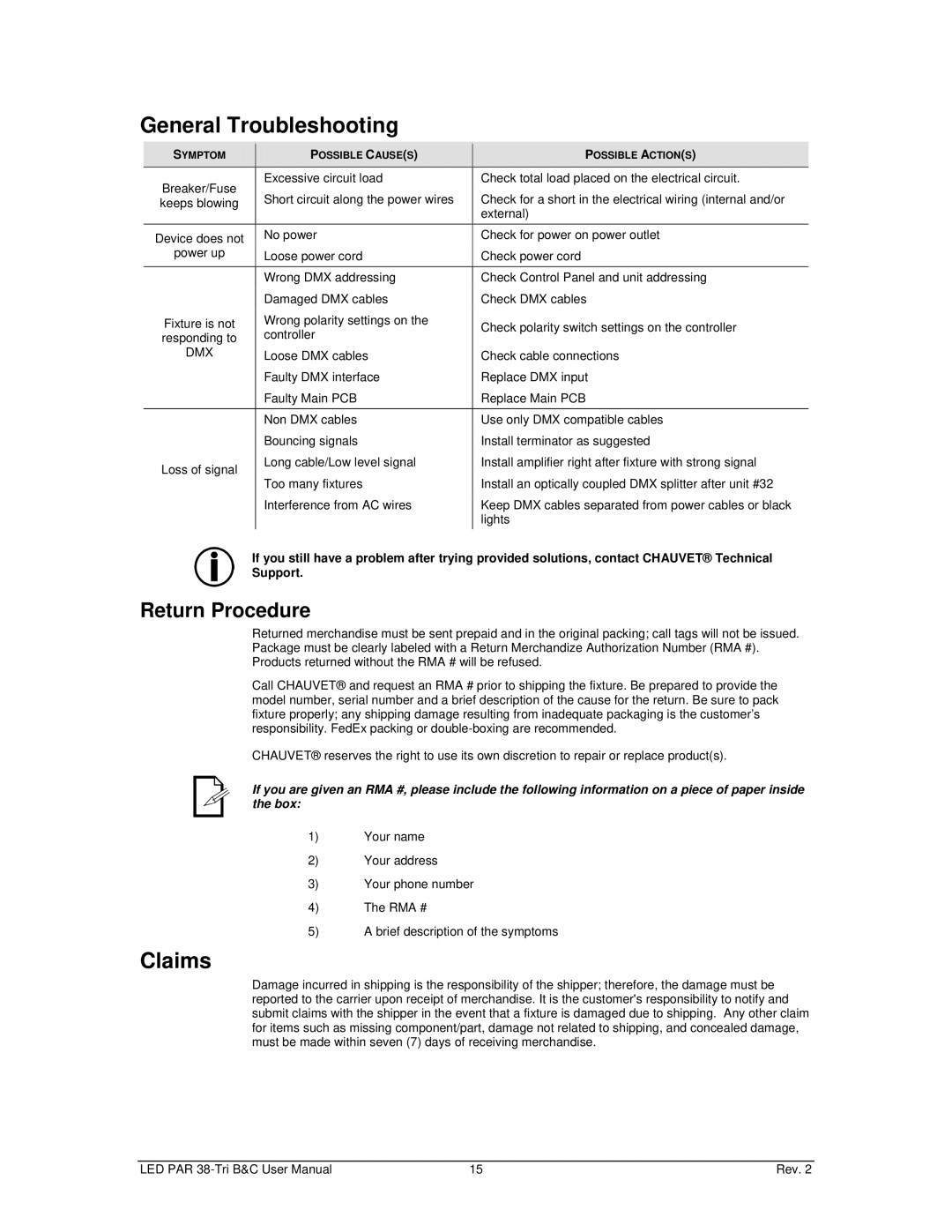 Chauvet led par 38 tri-c, led par 38 tri-b user manual General Troubleshooting, Claims, Return Procedure 