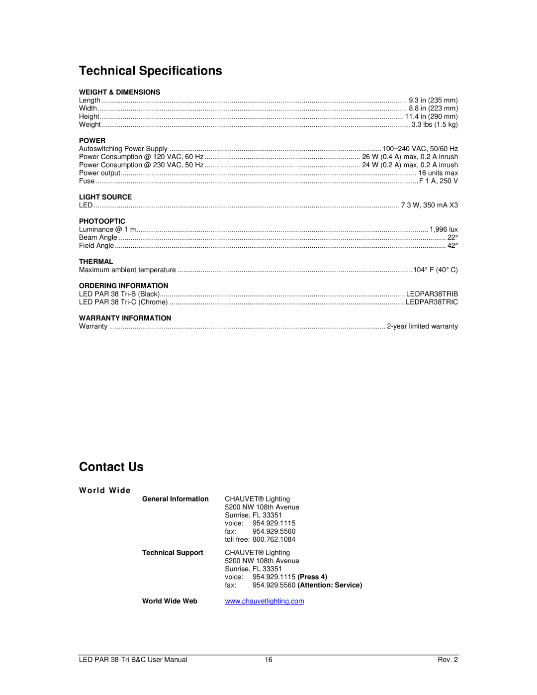 Chauvet led par 38 tri-b, led par 38 tri-c user manual Technical Specifications, Contact Us 