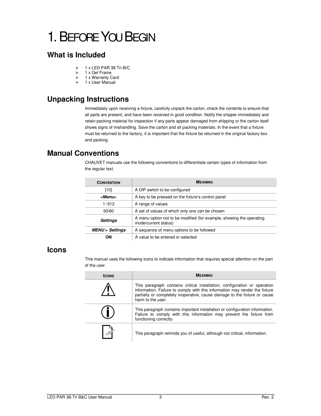 Chauvet led par 38 tri-c user manual Before YOU Begin, What is Included, Unpacking Instructions, Manual Conventions, Icons 