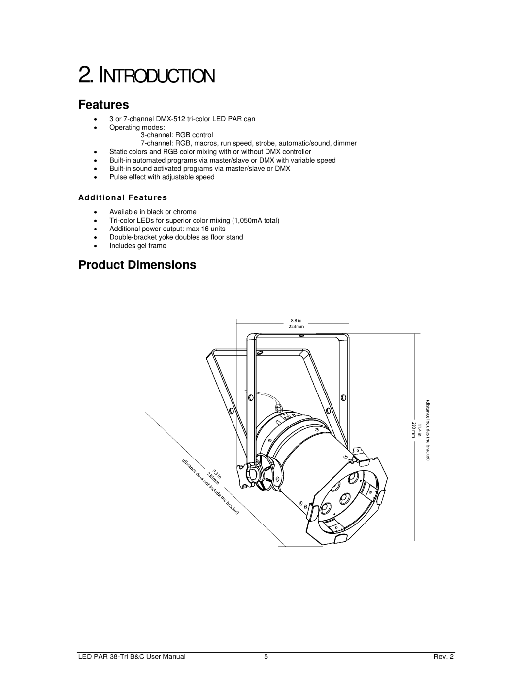 Chauvet led par 38 tri-c, led par 38 tri-b user manual Introduction, Features, Product Dimensions 