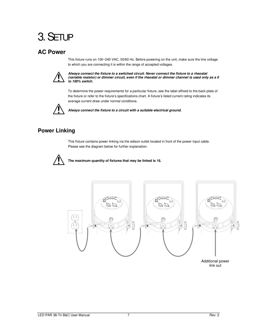 Chauvet led par 38 tri-c, led par 38 tri-b user manual Setup, AC Power, Power Linking 