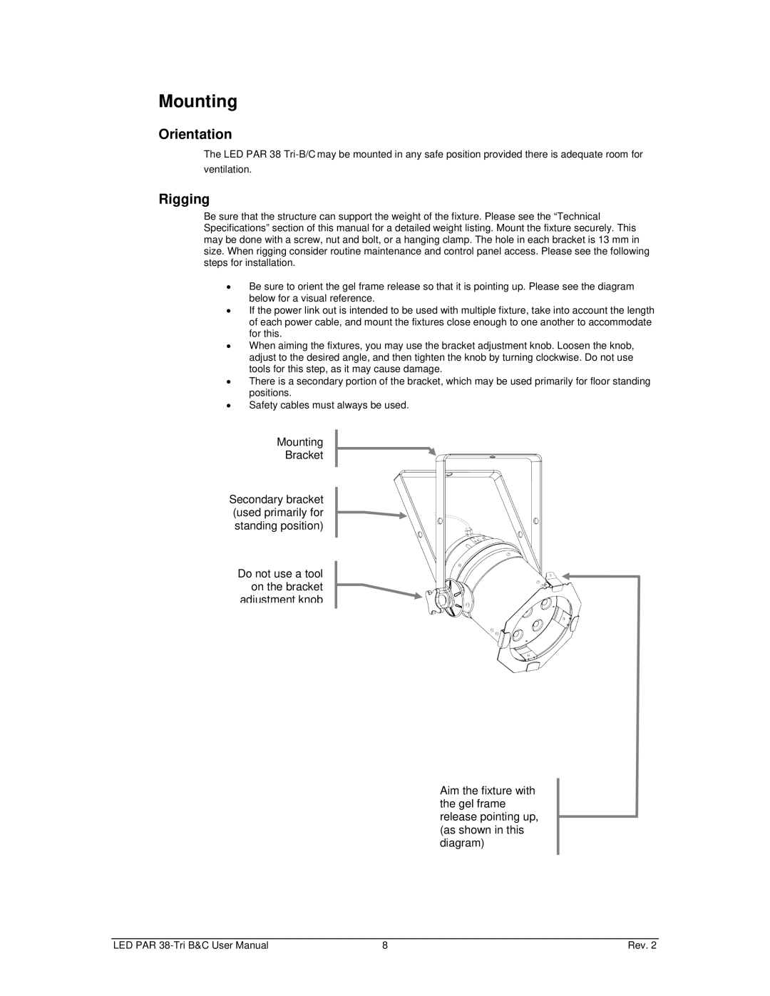 Chauvet led par 38 tri-b, led par 38 tri-c user manual Mounting, Orientation 