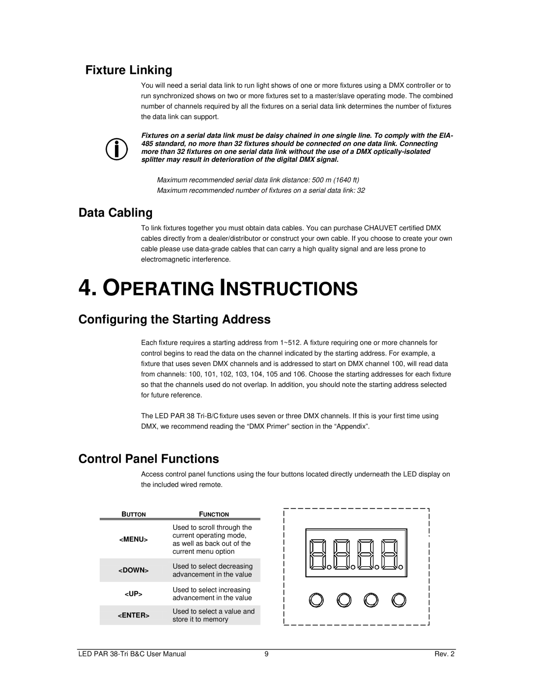 Chauvet led par 38 tri-c Operating Instructions, Fixture Linking, Data Cabling, Configuring the Starting Address 