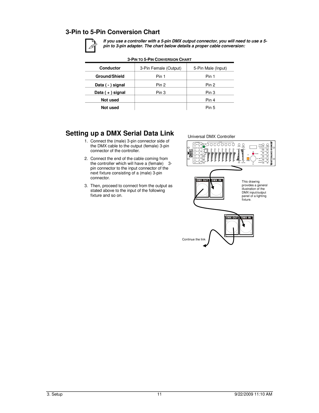 Chauvet led par 38 tri-c, led par 38 tri-b user manual Setting up a DMX Serial Data Link, Pin to 5-Pin Conversion Chart 