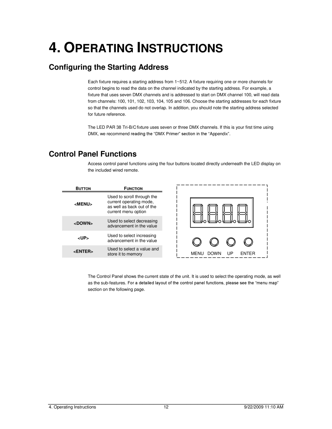 Chauvet led par 38 tri-b user manual Operating Instructions, Configuring the Starting Address, Control Panel Functions 