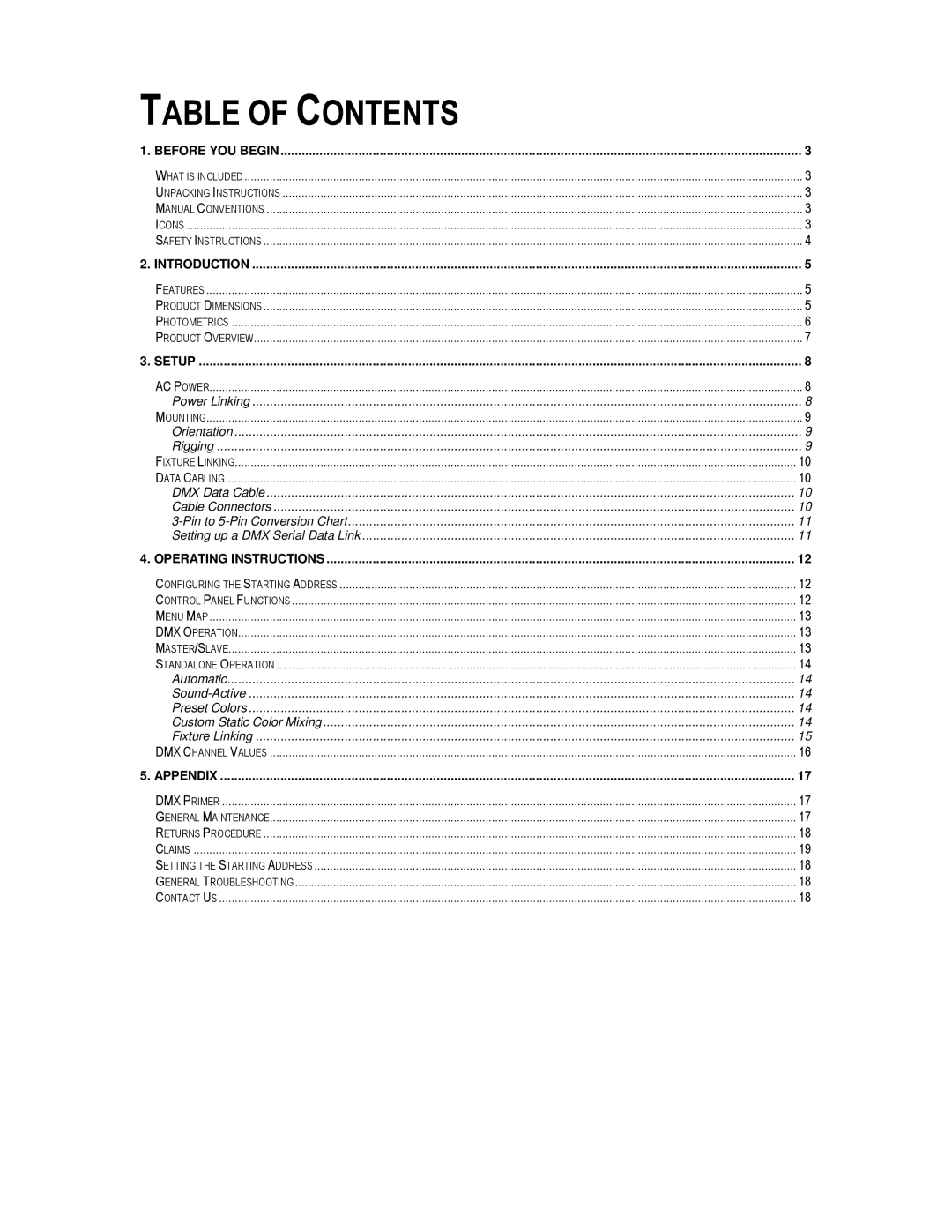 Chauvet led par 38 tri-b, led par 38 tri-c user manual Table of Contents 