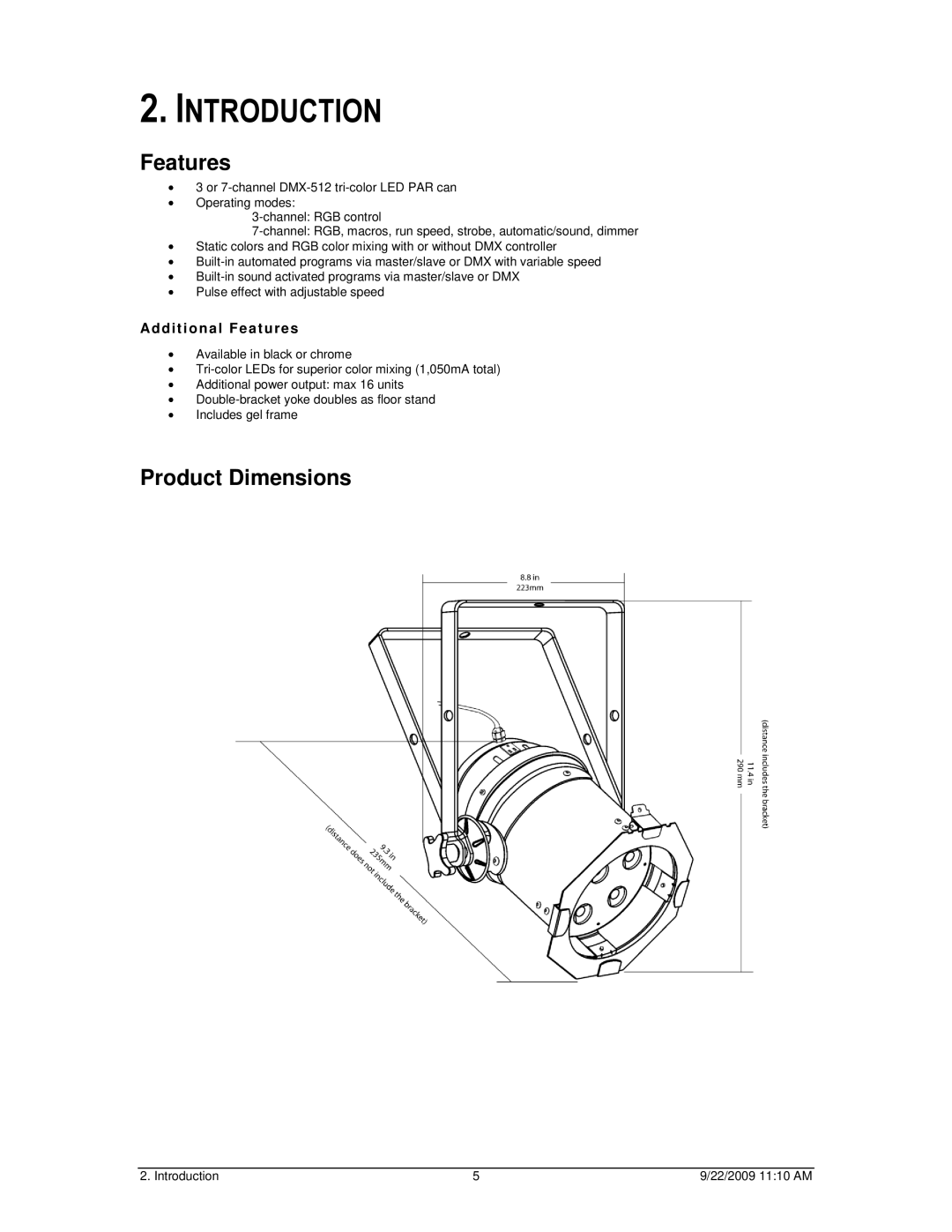 Chauvet led par 38 tri-c, led par 38 tri-b user manual Introduction, Features, Product Dimensions 