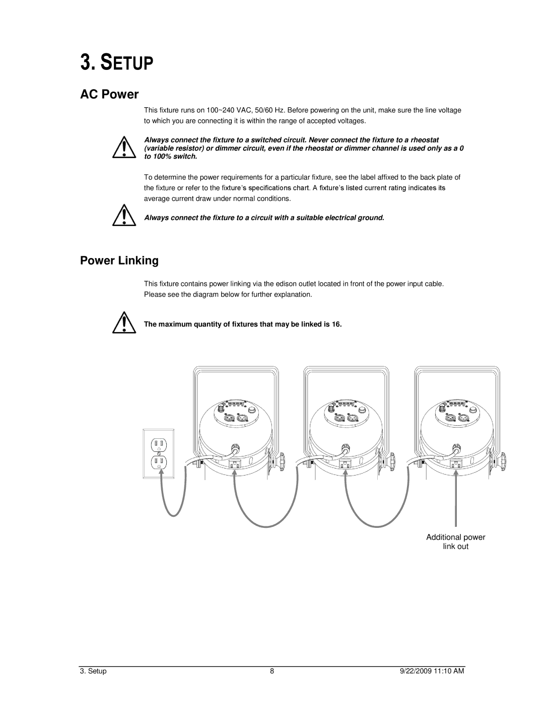 Chauvet led par 38 tri-b, led par 38 tri-c user manual Setup, AC Power, Power Linking 