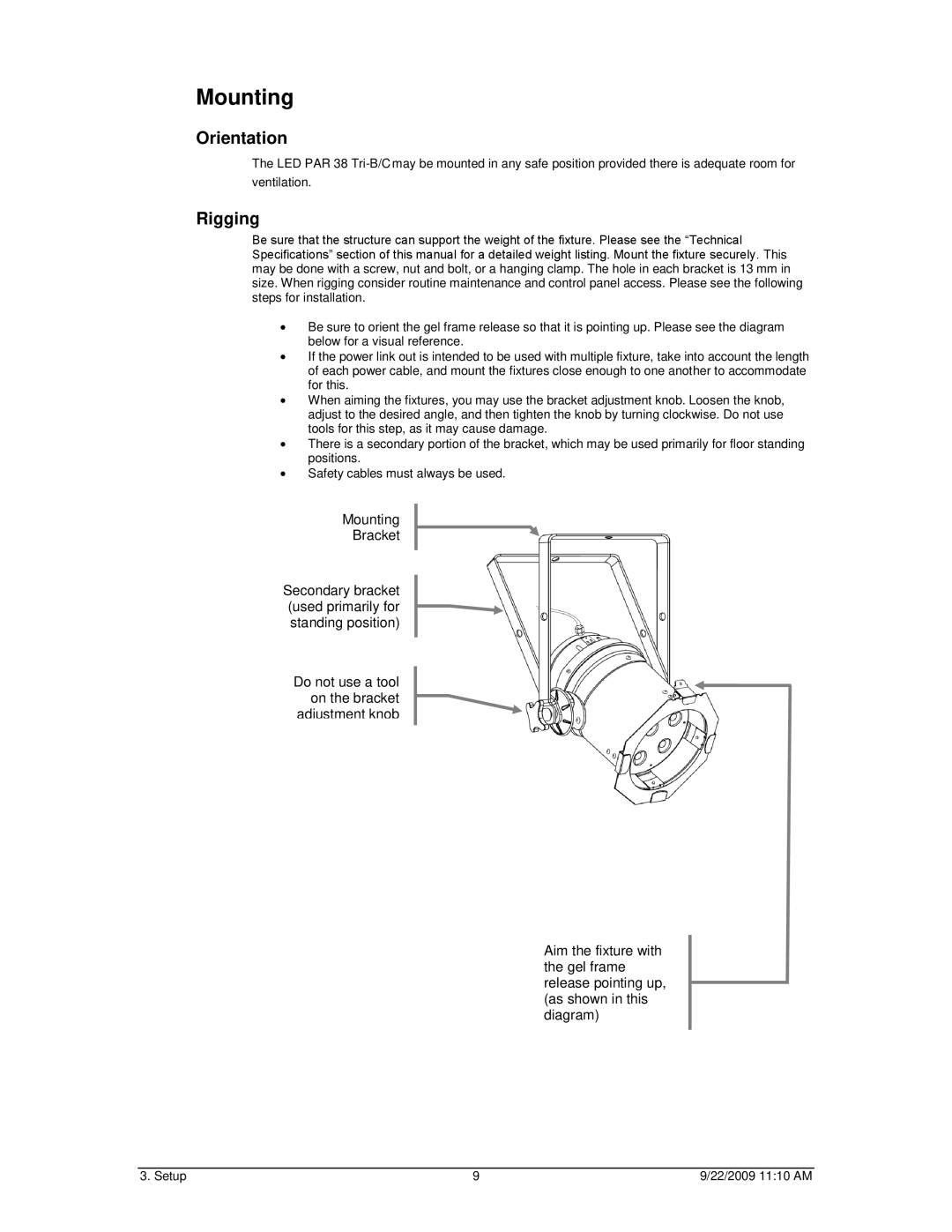 Chauvet led par 38 tri-c, led par 38 tri-b user manual Mounting, Orientation 