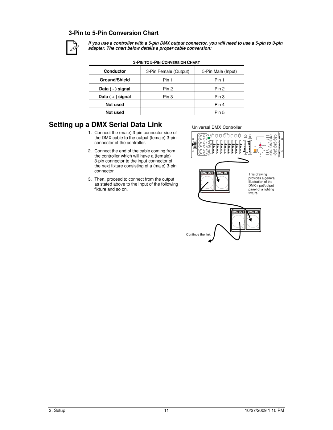 Chauvet LED PAR 64-36C, LED PAR 64-36B user manual Setting up a DMX Serial Data Link, Pin to 5-Pin Conversion Chart 