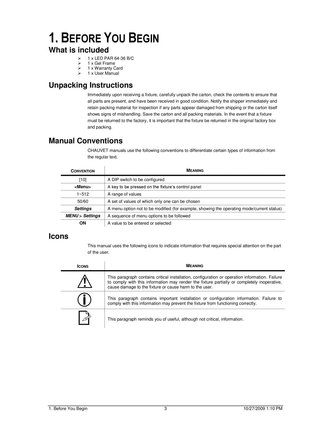 Chauvet LED PAR 64-36C user manual Before YOU Begin, What is included, Unpacking Instructions, Manual Conventions, Icons 