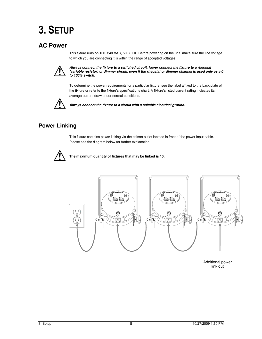 Chauvet LED PAR 64-36B, LED PAR 64-36C user manual Setup, AC Power, Power Linking 