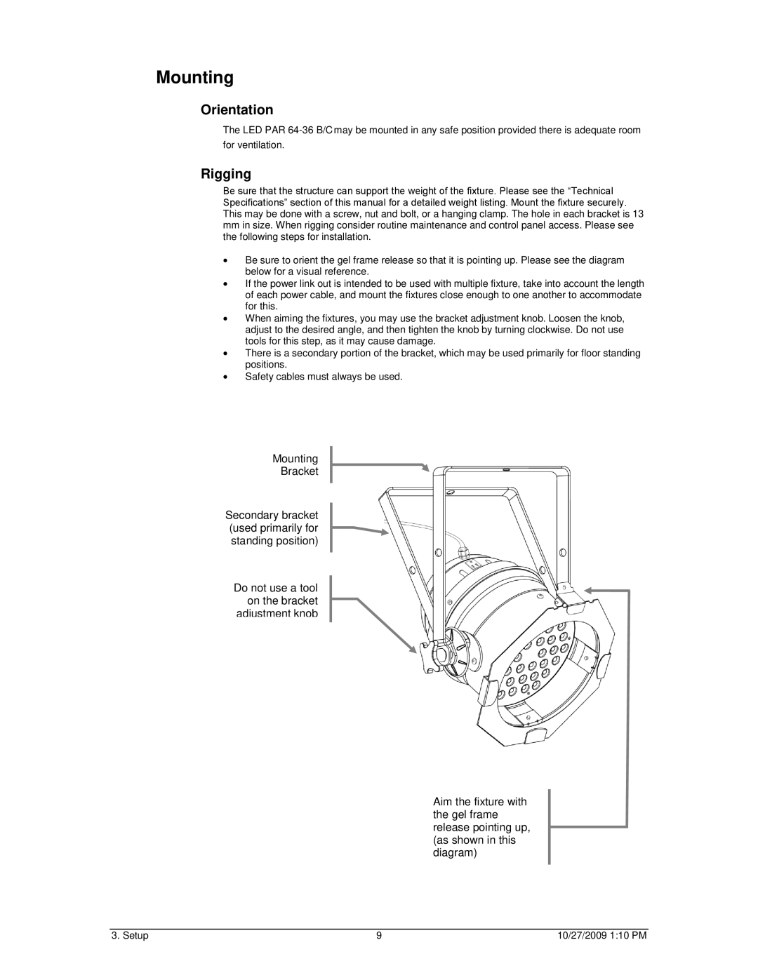 Chauvet LED PAR 64-36C, LED PAR 64-36B user manual Mounting, Orientation, Rigging 