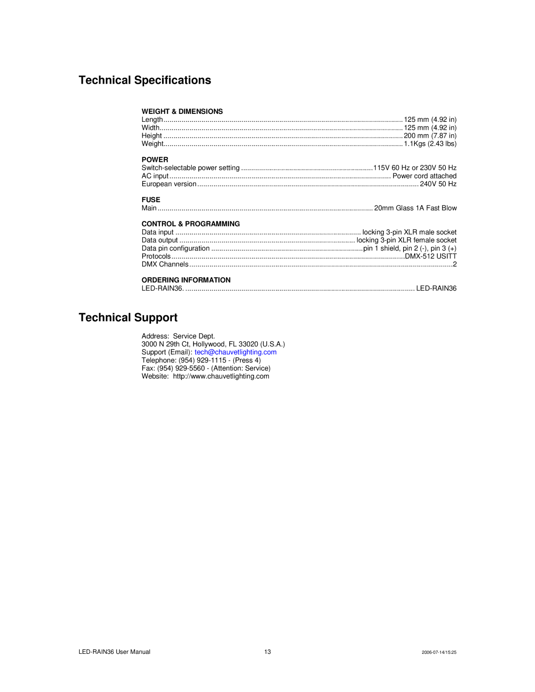 Chauvet LED-RAIN36 user manual Technical Specifications, Technical Support 