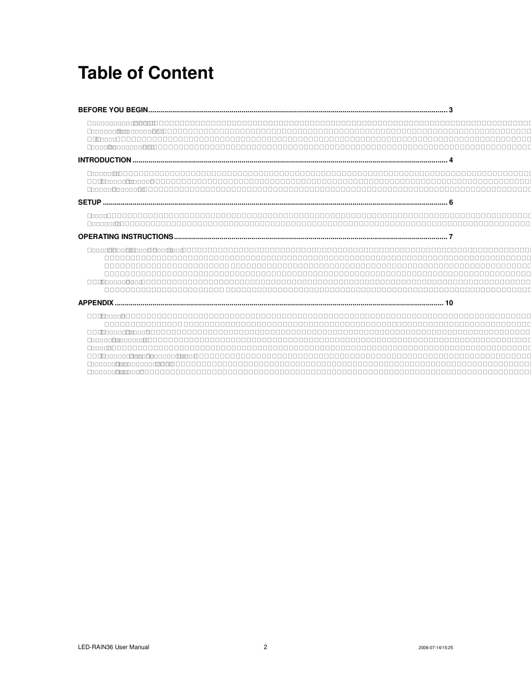 Chauvet LED-RAIN36 user manual Table of Content 