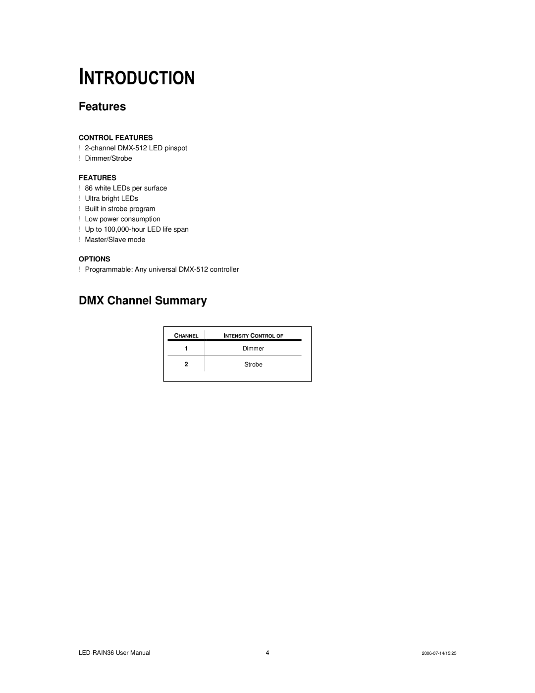 Chauvet LED-RAIN36 user manual Introduction, Features, DMX Channel Summary 