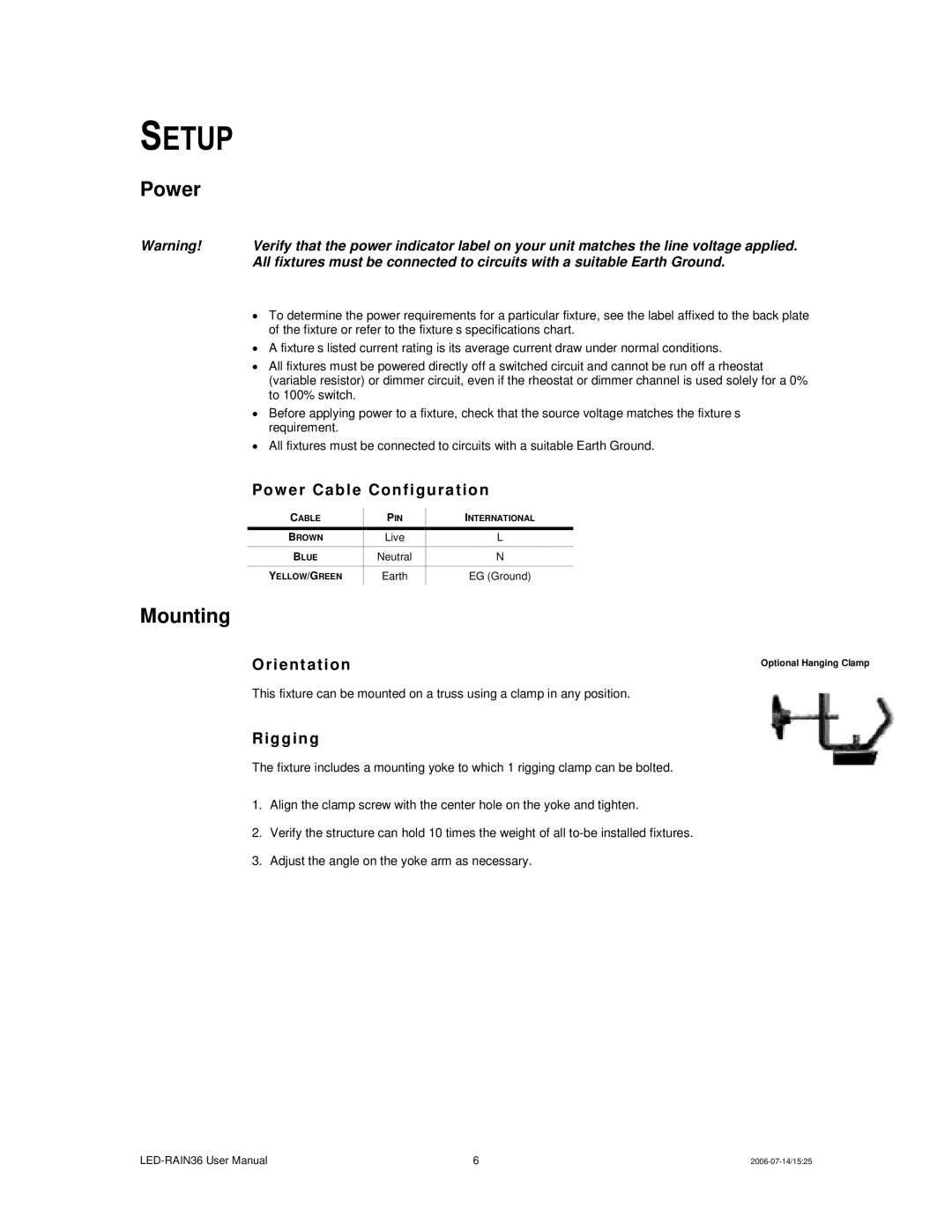 Chauvet LED-RAIN36 user manual Setup, Power, Mounting 