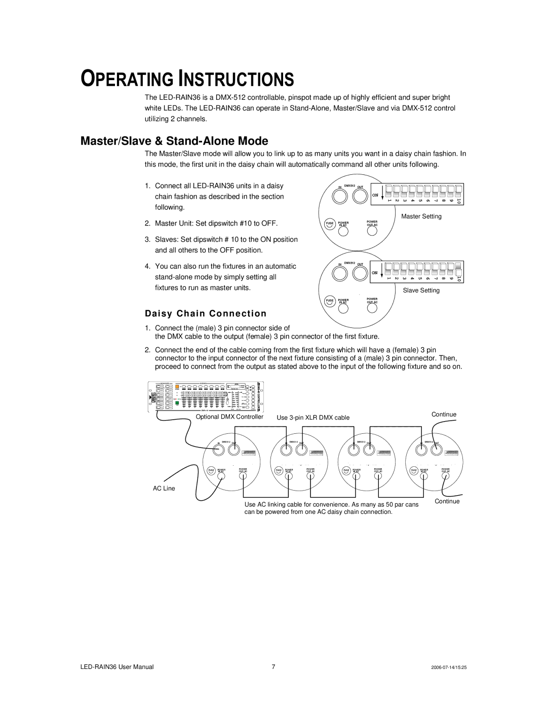 Chauvet LED-RAIN36 user manual Daisy Ch ai n Conn ecti on, Operating Instructions 