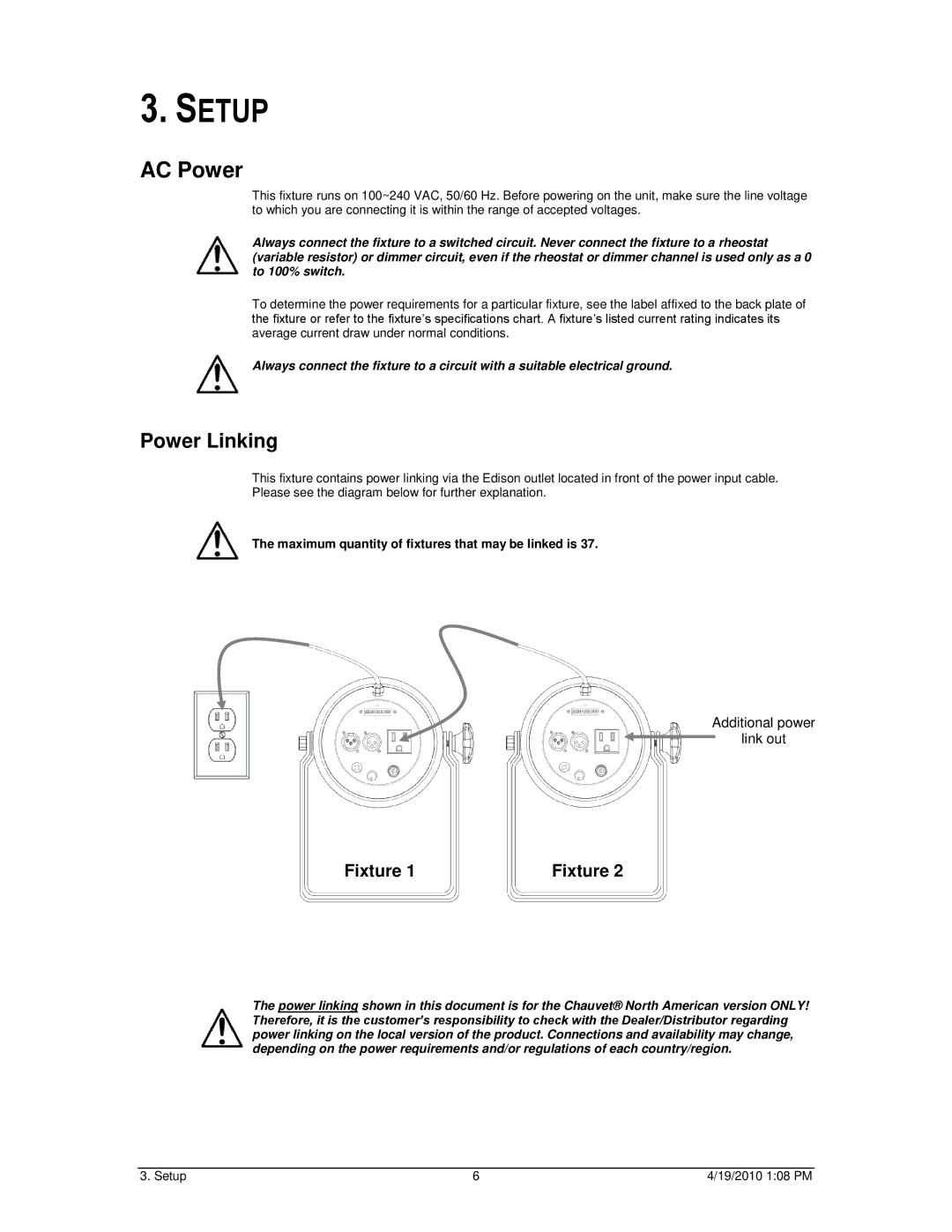 Chauvet LEDrain 38c user manual Setup, AC Power 