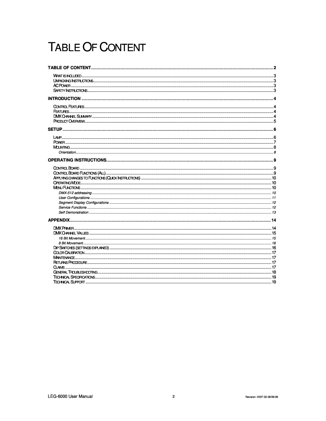 Chauvet LEG-6000, 6000X user manual Table Of Content 