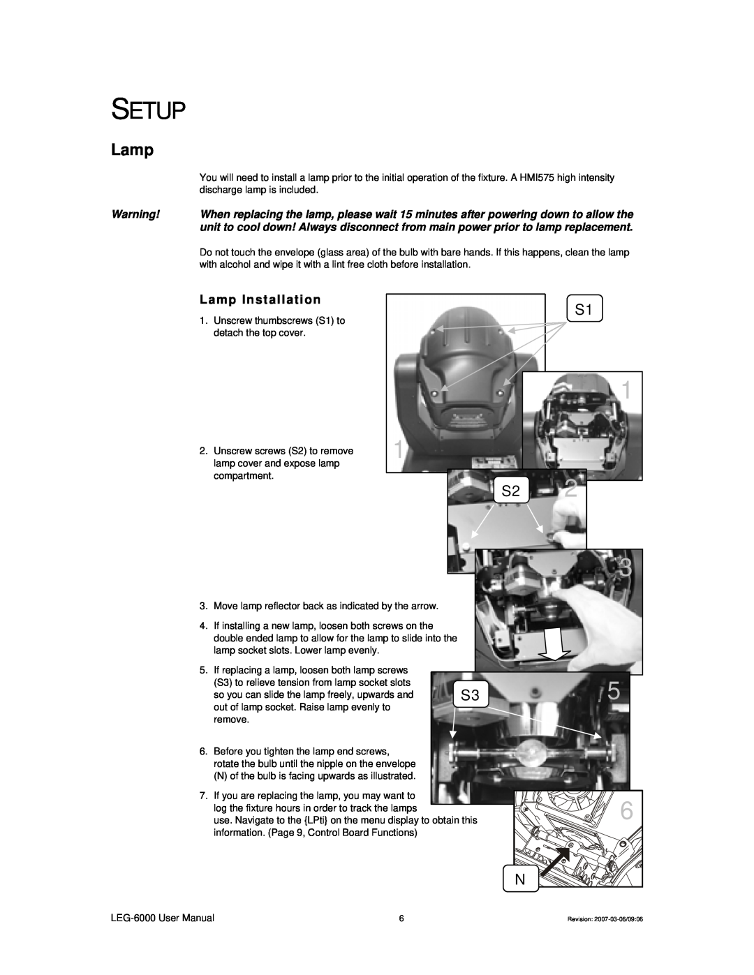 Chauvet LEG-6000, 6000X user manual Setup, Lamp Installation 